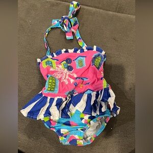 Eleanor Rose Pink Blue Tropical Ruffle One-Piece Sunsuit